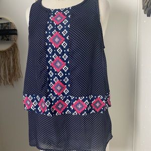Skies are blue sleeveless top 2 layer blue white dot  pink embroidery size S